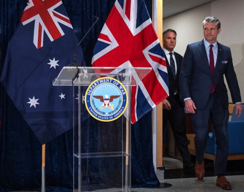 US Secretary of War Pete Hegseth leads out Australian Minister for Defence Richard Marles at an AUKUS press conference last month.