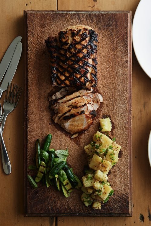 Image for article: Barbecued brined pork loin with potato salad and grilled zucchini