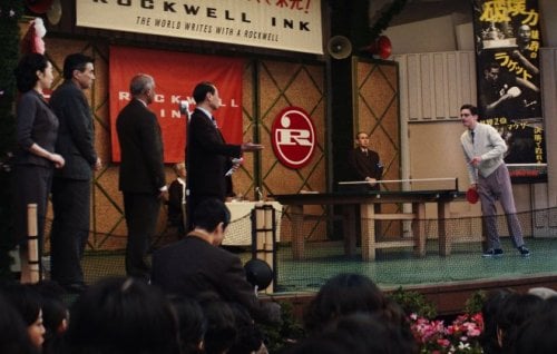 Marty Supreme playing a table tennis match in Japan.