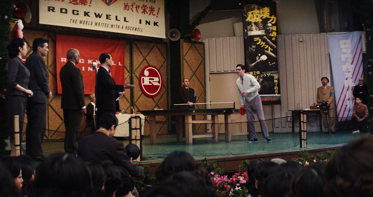 Marty Supreme playing a table tennis match in Japan.