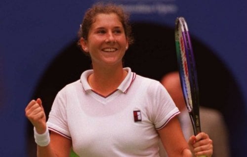 Monica Seles on court.